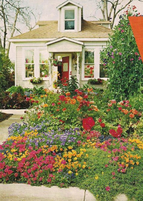 Garden Front Lawn, Front House Flower Garden, Front Yard Garden Aesthetic, Front Flower Bed Design, Front Lawn Inspiration, Romantic Front Yard Landscaping, Wild Front Yard, Wildflowers Front Of House, Floral Front Yard