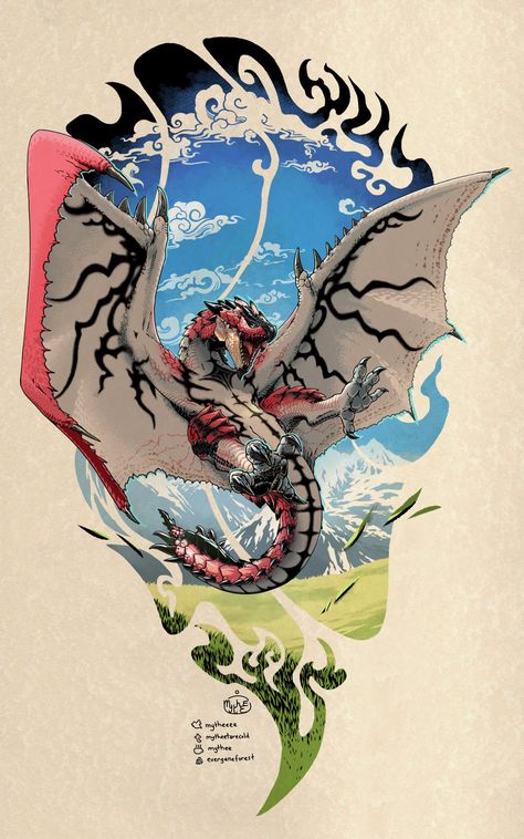 Rathalos rendered tattoo style. The artwork is mine, but Monster Hunter World and all of its creatures belong to Capcom. There are two sizes: Large, 14.6"x24" Medium, 11x17" Medium poster is printed on thick matte poster paper with a satin finish. Small poster is printed on cardstock.  Fabric prints are on a lightweight voile fabric and a poster hanger kit is INCLUDED! Fabric prints may be a little narrower depending on the long edge finishing. The short ends are unfinished but become hidden ins Monster Hunter Rathalos, Hunter Tattoo, Monster Hunter Series, Monster Hunter Art, Pokemon Tattoo, Ark Survival Evolved, Fantasy Drawings, Cool Monsters, Monster Hunter World