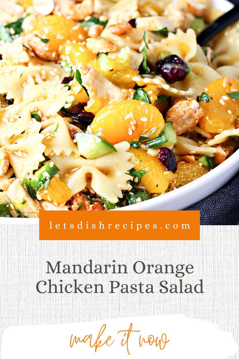 Mandarin Orange Chicken Pasta Salad Recipe -- Bowtie pasta is combined with tender chicken, fresh veggies, mandarin oranges and more, then tossed in a sweet and savory sauce to create this family favorite pasta salad. #chickensalad #pastasalad Bow Pasta Salad, Mandarin Chicken Pasta Salad, Chicken Bowtie Pasta, Mandarin Orange Chicken, Potluck Favorites, Favorite Pasta Salad, Chicken Pesto Pasta Salad, Spring Pasta Salad, Bow Tie Pasta Recipe