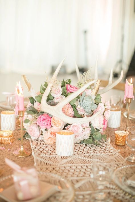 What Has Antlers, Petals and 2 Jet Engines?... This Wedding! Antler Wedding Decor, Antler Centerpiece, Bohemian Wedding Reception, Antler Decor, Floral Antlers, Hunter Wedding, Antler Wedding, Fresh Wedding Flowers, Macrame Runner