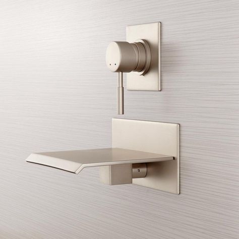 Single Handle Wall Mount Filler in Brushed Nickel | Signature Hardware | Ferguson Tap Ideas, Waterfall Tub Faucet, Clawfoot Tub Shower, Wall Mount Tub Faucet, Copper Faucet, Stand Alone Tub, Freestanding Tub Faucet, Roman Tub Faucets, Waterfall Wall