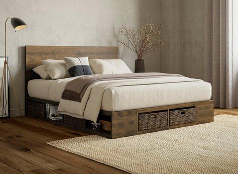 Wooden Bed With Storage, Wooden Bed Frame, Bed Frame Design, Wooden Platform Bed, Wooden Bed Design, Old Beds, Japandi Interior, Dark Stain, Corner Sofa Bed