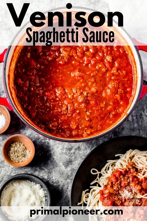 Deer Spaghetti Recipes, Venison Spaghetti Recipe, Venison Spaghetti Sauce, Ground Deer Meat Recipes Crockpot, Elk Spaghetti, Ground Deer Recipes, Venison Spaghetti, Venison Meals, Canned Venison