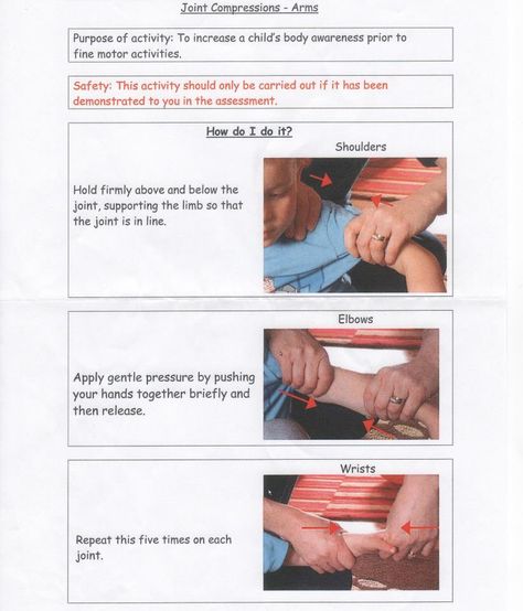 joint compressions- arms                                                       … Wilbarger Brushing Protocol, Sensory Therapy Activities, Sensory Integration Activities, Sensory Classroom, Occupational Therapy Kids, Timmy Time, Occupational Therapy Assistant, Sensory Therapy, Education Games