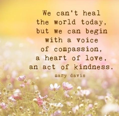 We can’t heal the world today, but we can begin with a voice of compassion, a heart of love, an act of kindness. Mary Davis – Glowwworm Compassion Quotes, Heal The World, Act Of Kindness, Kindness Quotes, Inspirational Thoughts, Start Today, Random Acts Of Kindness, Big Deal, A Quote