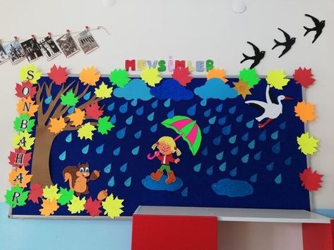 Alphabet Soft Board Ideas, Monsoon Decoration Ideas For School, Monsoon Board Decoration Ideas, Monsoon Bulletin Board Ideas, Playgroup Class Decoration, Bord Decorations, Notice Board Decoration, Soft Board Decoration, Diy Crafts For School