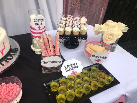 "Shot just got real", she survived nursing school! | CatchMyParty.com Pharmacy School Graduation Party, Medical School Graduation Party Ideas, Nurse Grad Parties, Nurse Graduation Party Decorations, Nursing Party, End Of School Party Ideas, Medical Party, End Of School Party, Doctor Party