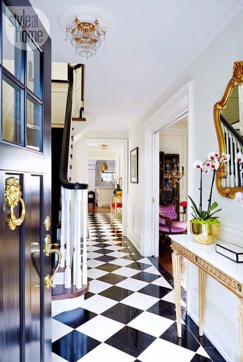 black front door, gold lion door knocker, black & white glam, gold, checkered floor, chandelier. Checkered Flooring, Black Front Doors, Foyer Design, White Floors, Hotel Decor, Eclectic Interior, My New Room, Home Fashion, 인테리어 디자인