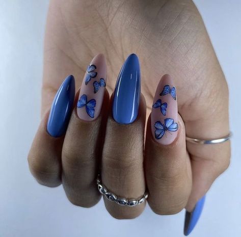 Buterfluffy Nails, Nails Inspiration Butterfly, Cute Acrylic Nails For Spring, Butterfly Almond Nails, Nail Art Designs Butterfly, Butterfly Nails Blue, Blue Nails With Butterflies, Nail Butterflies, Butterfly Nails Acrylics