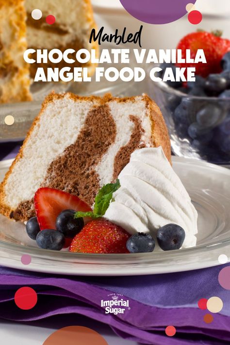 Light and airy Chocolate Angel Food Cake is swirled together with a Vanilla Angel Food Cake for a cholesterol and fat-free cake that will make both chocolate and vanilla lovers happy. Marbled Chocolate Vanilla Angel Food Cake is a pillowy, fluffy cake that is perfect served as-is or topped with homemade whipped cream, fresh fruit, or ch Fat Free Cake, Holiday Themed Cakes, Chocolate Angel Food Cake, Marbled Chocolate, Fluffy Cake, Cream Fresh, Blue Desserts, Chocolate Swirl, Icebox Cake