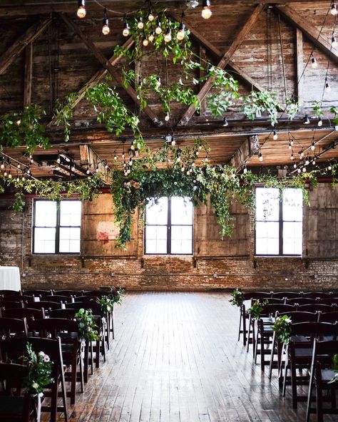 NYC Florist | Rosehip Social on Instagram: “Greenpoint Loft decked out in gorgeous draping greens, lanterns and climbing ivy. Congrats Melissa and Drew! @greenpoint_loft…” Greenpoint Loft Wedding, Rustic Forest Wedding, Ivy Wedding, Climbing Ivy, Ivy Flower, Nyc Florist, Loft Wedding, Warehouse Wedding, Ceremony Ideas