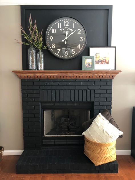 Fireplace Painting, Black Tile Fireplace, Black Mantle Fireplace, Black Brick Fireplace, Painting Brick, Black Mantle, Fireplace Black, Mantle Fireplace, Fireplace Redo