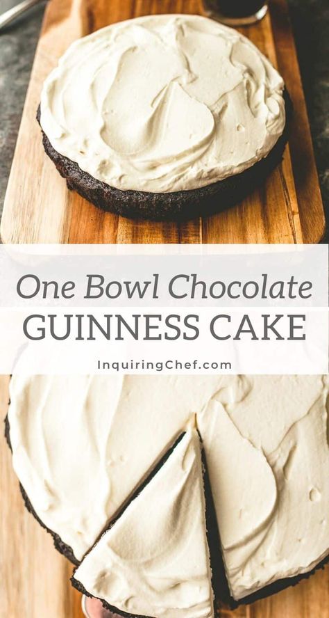 Guinness Stout gives this one-bowl chocolate cake a rich, dark chocolate flavor. #chocolate #easydessert #stpatricks #irish #Guinness Guinness Recipes, Irish Cream Frosting, Irish Chocolate, Chocolate Guinness Cake, Irish Desserts, Guinness Cake, Chocolate Crust, Moist Chocolate Cake, Cream Frosting