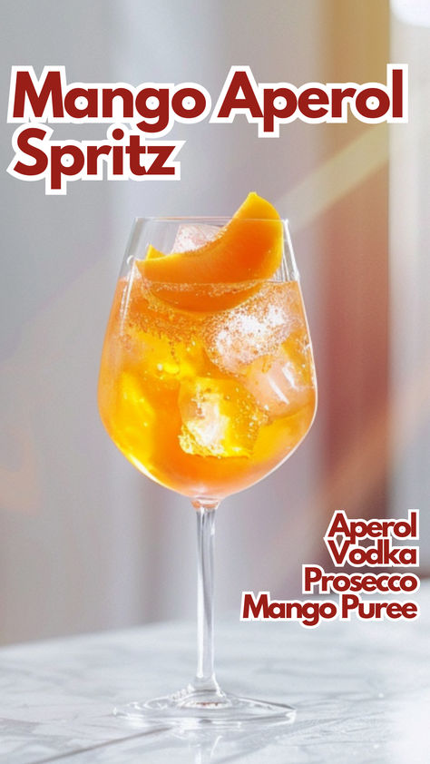 Mango Aperol Spritz Mango Cocktails, Aperol Cocktails, Aperol Drinks, Spritz Cocktails, Classic Vodka Cocktails, Spritz Drink, Mango Martini, Mango Vodka, Cocktail Cards