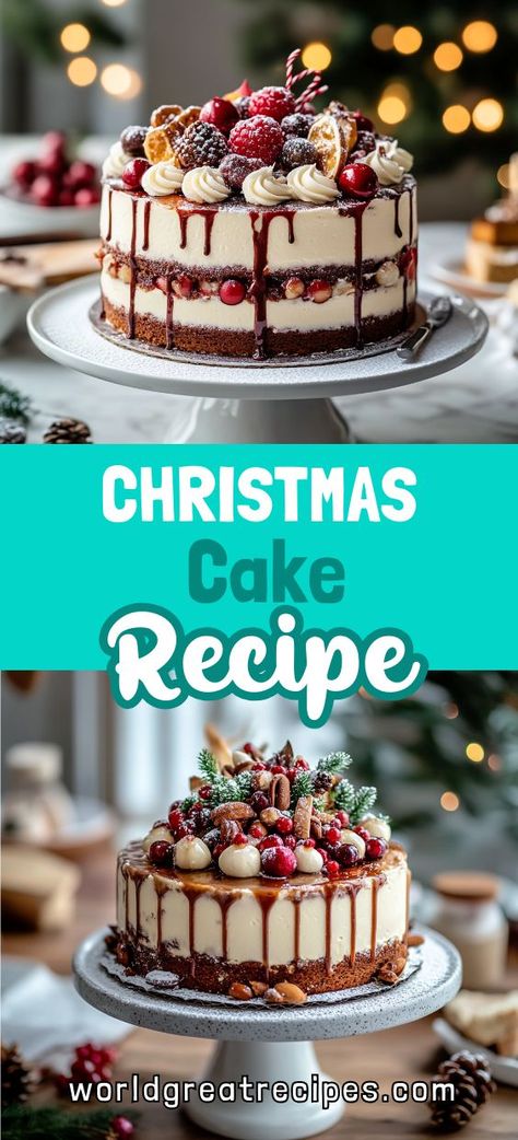 Looking for an easy Christmas cake recipe? This festive dessert is filled with holiday cheer, made with dried fruits, nuts, and warming spices. Perfect for beginner bakers, this recipe ensures a beautifully moist and flavorful cake every time. Top with a classic frosting or serve as is for a delicious holiday dessert that everyone will enjoy. A great choice for Christmas baking or gifting to loved ones! Christmas Icebox Cake, Fancy Christmas Cake, Winter Cakes Ideas, Best Christmas Cakes, Holiday Cake Flavors, Easy Christmas Cakes Ideas, Christmas Cake Ideas Decoration Simple, Christmas Vintage Cake, Christmas Dessert Ideas Cake