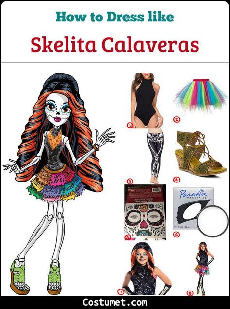 Skelita Calaveras (Monster High) Costume for Cosplay & Halloween 2021 Skelita Calaveras Costume, Scary Monster High, Easy Monster High Costumes, Diy Monster High Costume, Monster High Costume Ideas, Monster High Outfits, Green Platform Sandals, Monster High Skelita, Simple Costumes