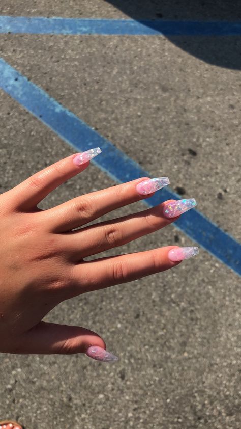 Clear pink ombré acrylics with iridescent foil flakes encapsulated 🥰 I miss these so much! My fav set EVER. Nails With Iridescent Flakes, Clear Pink Nails, Nails Encapsulated, Irridescent Nails, Encapsulated Nails, Clear Acrylic Nails, Iridescent Foil, Girly Acrylic, Pink Gel Nails