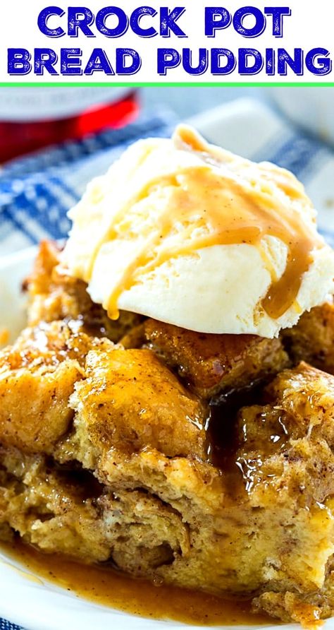 Crock Pot Bread Pudding with Buttered Rum Sauce Crock Pot Bread Pudding Recipe, Breakfast Crock Pot Recipes, Crockpot Bread Pudding, Bread Pudding Crock Pot, 1950 Recipes, Crock Pot Bread Pudding, Rum Bread Pudding, Bread Pudding With Rum Sauce, Slow Cooker Bread Pudding