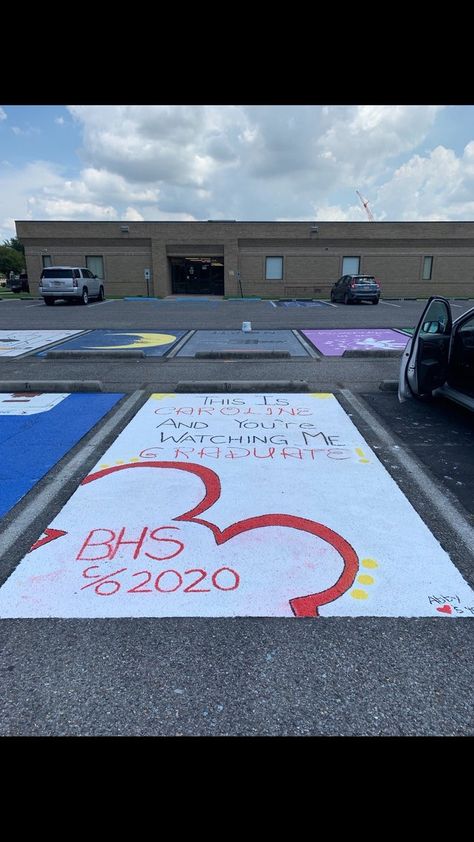 Senior Parking Space Ideas High School Musical, Chalk Your Spot Ideas, Toy Story Parking Spot Painting, High School Musical Parking Spot, Grad Parking Spot Ideas, Disney Parking Spots, Creative Parking Spot Painting, Parking Spot Painting Disney, Creative Senior Parking Spots