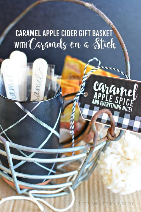 caramelapplecidergiftbasket30daysblog Apple Cider Gift, Caramel Apple Cider, Apple Cider Caramels, Holiday Hostess Gifts, Diy Gift Baskets, Homemade Caramel, Gift Basket Ideas, On A Stick, Neighbor Gifts