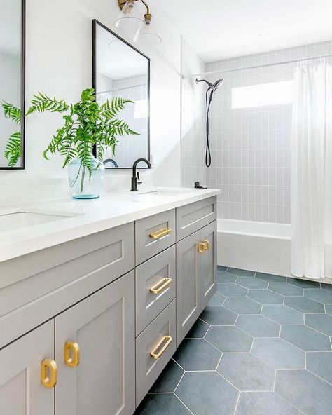 Instagram Coastal Bathroom With Tub, Hallway Bathroom Ideas With Tub, Transitional Kids Bathroom, Seafoam Bathroom, Hexagon Tile Bathroom Floor, Hexagon Tile Bathroom, Bedrosians Tile, Blue Bathroom Tile, Shoji White