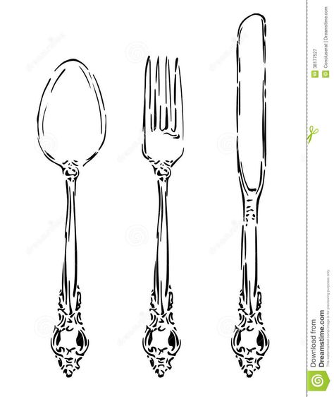 Vintage Spoon Drawing, Vintage Fork Tattoo, Fork Illustration, Fork Drawing, Spoon Drawing, Antique Cafe, Fork And Knife, Vintage Forks, Antique Spoons