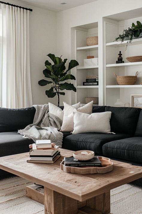 Gray Couches Decor, Couches Living Room Colors, Lounge Decor Black Sofa, Scandinavian Living Room Dark Couch, Black Modern Boho Living Room, Grey Walls Black Furniture Living Room, Black Couch Living Room Decor Apartment, Apartment Living Room Dark Couch, Living Room Decor Dark Sofa