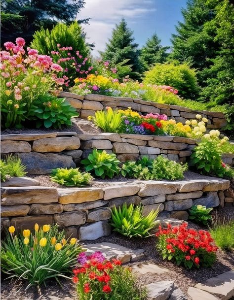 DIY Stone Retaining Wall Retaining Wall Planter Ideas, Hillside Garden Ideas, Natural Rock Retaining Wall, Diy Stone Retaining Wall, Mexican Patio Decor, Garden On A Slope, Retaining Wall Garden, Landscaping A Slope, Tiered Planter