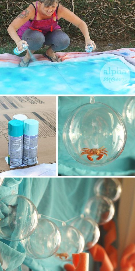 DIY Mermaid Party Decor and Tablescape idea (how-to) by Brenda Ponnay for Alphamom.com Bubbles Party Decorations, Diy Mermaid Backdrop, Diy Mermaid Decor, Pisces Party, Diy Mermaid Party, Diy Mermaid Birthday Party, Little Mermaid Decorations, Mermaid Party Decor, Mermaid Ideas