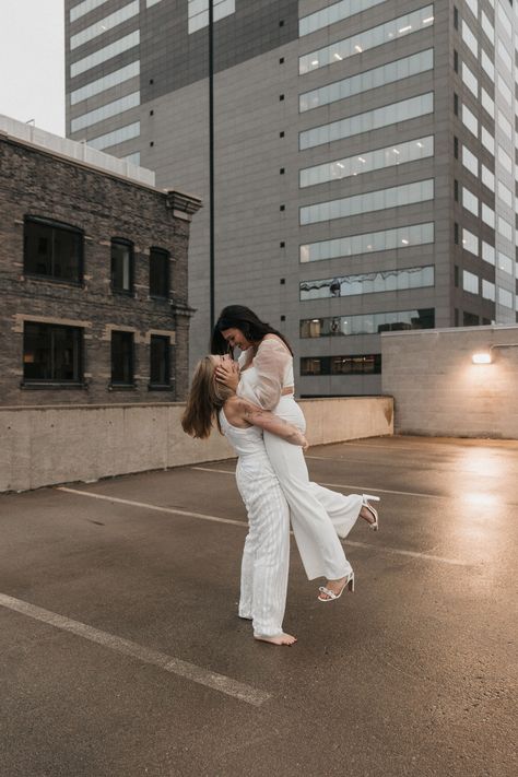 This romantic rooftop engagement session was so romantic and inspiring! See unique lesbian wedding ideas, lesbian elopement aesthetic,lesbian couple photoshoot poses. Book your session with Meganbadiaphoto.com today for your dream engagement session! Wlw Engagement, Lesbian Couple Photoshoot Poses, Lesbian Engagement Pictures, Photography Ideas Couples, Lesbian Elopement, Lesbian Engagement Photos, Couples Picture Ideas, Photoshoot Ideas Couples, Lesbian Engagement