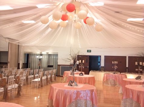 Cultural Hall Wedding Reception- Parachute Effect with Lanterns Gym Wedding Reception, Lds Weddings Reception, Vintage Reception, Decoration Hall, Wedding Reception Hall, Wedding Ceiling, Lds Wedding, Hall Decor, Wedding Hall