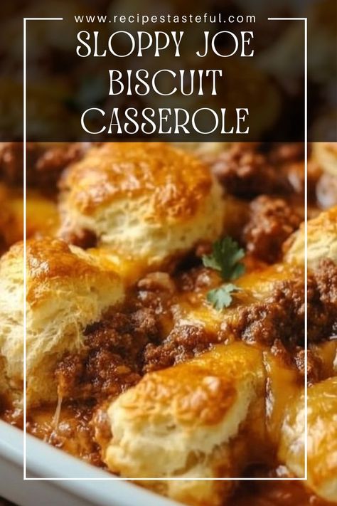 A fun and family-friendly twist on a classic comfort food, this Sloppy Joe Biscuit Casserole combines hearty ground beef with a savory sauce and fluffy biscuits, all topped with gooey cheddar cheese. Perfect for weeknight dinners or casual gatherings, this dish is sure to please everyone at the table! Sloppy Joes Biscuits, Biscuit Recipes Dinner, Biscuit Casserole, Sloppy Joe Casserole, Biscuits Casserole, Fluffy Biscuits, Cheddar Biscuits, Ground Beef Casserole, Sloppy Joe