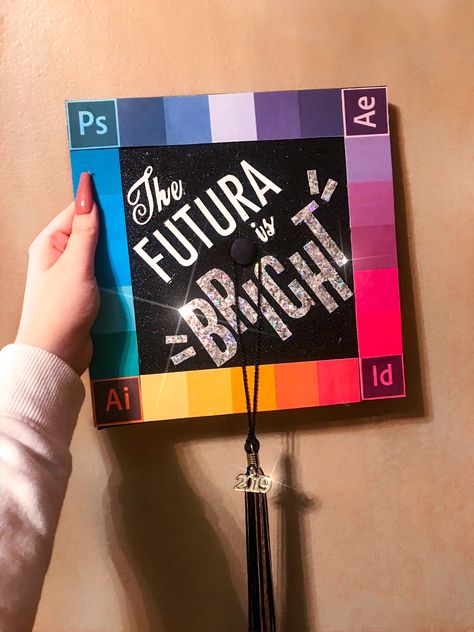 graduation cap design for graphic design students. ‘the futura is bright’ #graduationcap #gradcap Graphic Design Graduation, Design Graduation Cap, Green Graduation Cap, Grad Cap Decoration, Graduation Cap Designs College, Graduation Hat Designs, Creative Graduation Caps, Nurse Graduation Cap, College Grad Cap Ideas