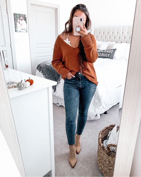 Rust Bodysuit Outfit, Rust Orange Sweater Outfit, Orange Sweater Outfit Fall Looks, Burnt Orange Top Outfit, Nude Booties Outfit, Rust Top Outfit, Rust Sweater Outfit, Tan Booties Outfit, Orange Fall Outfit