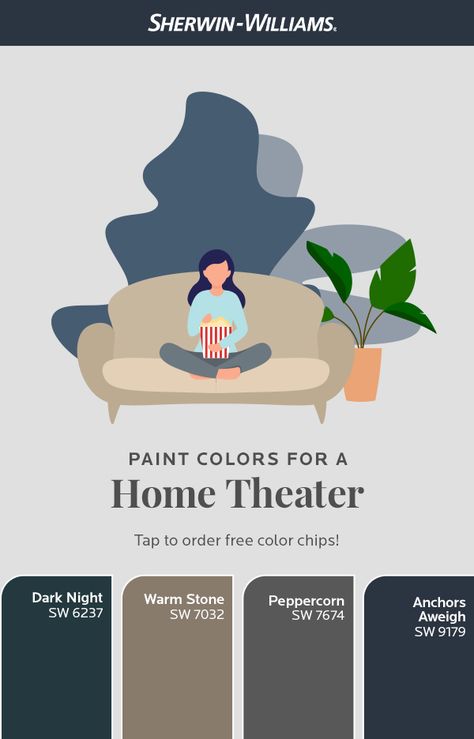 Transform your home theater into a cozy space for watching film favorites. Want to see these colors in your space? Tap this pin to order up to 10 FREE Sherwin-Williams color chips. #diy #sherwinwilliams #interiordesign #colorinspiration #hometheater Home Theater Paint Colors Sherwin Williams, Movie Room Paint Colors, Theater Room Paint Colors, Home Movie Theaters, Home Theater Paint Colors, Media Room Paint Colors, Basement Paint, Colors For Home, Basement Painting