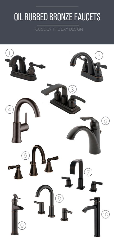 11 Attractive and Affordable Bronze Faucets for the Bathroom | House by the Bay Design Dark Bronze Bathroom Fixtures, Oiled Bronze Bathroom Fixtures, Antique Bronze Bathroom Fixtures, Oil Brushed Bronze Bathroom, Oiled Bronze Bathroom, Oil Rubbed Bronze Bathroom Fixtures, Powder Room Update, Bronze Faucets, Bronze Bathroom Fixtures