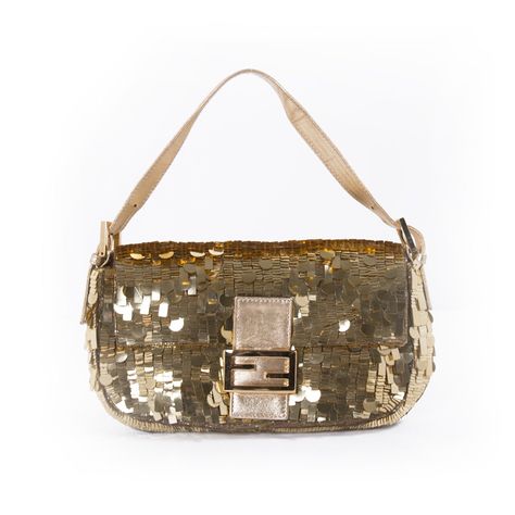 Fendi Gold Sequin Baguette Details: Gold Sequin / Gold-Tone Hardware / Single Leather Shoulder Strap / Orange Stain Lining / Magnetic Snap Closure at Front. Includes Dustbag Measurement: Width 25cm / Height 19cm Glitter Handbag, Fendi Vintage, Ff Logo, Fendi Baguette, Timeless Handbag, Gold Sequins, Hermes Bags, Gold Sequin, Fendi Bags