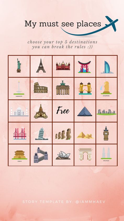 Must see places (travel, landmarks in icons) Bingo Instagram Story Template Screenshot Game Instagram, Instagram Story Ideas Questions, Travel Book Diy, Travel Questions, Travel Art Kit, Bingo Sheets, Bingo Template, Adventure Time Characters, Diy Travel Journal