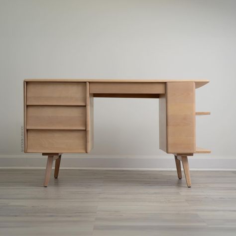 Soft rounded edges. Angled drawers. The shapes and curves of this MCM desk speak for itself. Constructed of solid birch panels, this desk features both open & closed storage. If you’re a messy hoarder like me, this is a great solution to hiding your mess but still displaying “the nice stuff.” I was going on a walk and stumbled across a pile of furniture on the curb. The round over edge of this desk caught my eye (even though it was sandwiched between a pile of old IKEA dressers). I rarely ... Ikea Dressers, Mcm Desk, Going On A Walk, Ikea Dresser, Upcycled Furniture, A Walk, Drawers, Desk, Bedroom