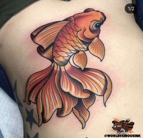 Neo Traditional Fish Tattoo, Golden Fish Tattoo, Japanese Traditional Tattoo Design, Japanese Goldfish Tattoo, Tato Geisha, Grandparents Tattoo, Goldfish Tattoo, Colored Tattoo Design, Neo Tattoo