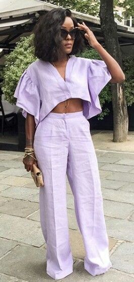 Pastel Colour Outfits Classy, Lavender Set Outfit, 2024 Spring Summer Fashion Trends Black Women, Purple Spring Outfits, Purple Brunch Outfit, Pastel Colors Outfit Black Women, Monochrome Party Outfit, Pastel Outfit Black Women, Pastel Color Outfit Classy