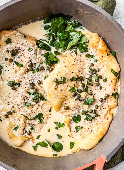 Pan-Fried Flounder With Creamy Lemon Caper Sauce This 20-minute golden pan-fried flounder is smothered in a creamy lemon caper sauce for a restaurant-quality weeknight meal. #flounder #fish #lemon #capers #pescatarian #pescetarian #weeknightdinner #easydinner Pan Fried Flounder, Fried Flounder, Flounder Fish, Capers Chicken, Lemon Caper Sauce, Lemon Cream Sauces, Caper Sauce, Wine Sauce, Cream Sauce