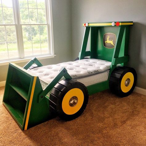 Construction Truck bed in John Deere style! Twin size bed that you can make yourself. Plans available at HammerTree.Esty.com.   This bed was built by Ken Baker for his grandson. Great way to transition your child from a crib to a big boy bed! Tractor Bedroom, Tractor Room, Tractor Bed, Bunk Bed Plans, Big Kids Room, Kid Bedroom, Toddler Boys Room, Toddler Beds, Twin Mattress Size