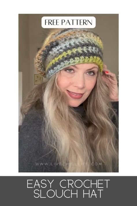 Learn to make this fast and easy crochet chunky slouch hat with a modest slouch style or a super slouch style.  Free pattern and video tutorial to help you get the result you want. Slouch Hat Pattern Free, Crochet Hat Free Pattern, Slouch Hats, Slouch Hat Pattern, Chunky Crochet Hat, Crochet Slouch Hat, Hat Patterns Free, Hat Tutorial, Crochet Hat Free