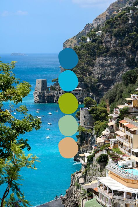 Warm colour palette based on a photo of the Amalfi Coast, Italy - Photography by @alessiobachetti on Unsplash #color #colorpalette #inspiration #italy #brand #homedecor  Follow @CreativeTadpole for more! Amalfi Coast Colour Palette, Colour Palette Mediterranean, Travel Aesthetic Color Palette, Amalfi Coast Aesthetic Decor, Amalfi Coast Tiles, Capri Color Palette, South Of France Color Palette, Positano Color Palette, Amalfi Coast Design