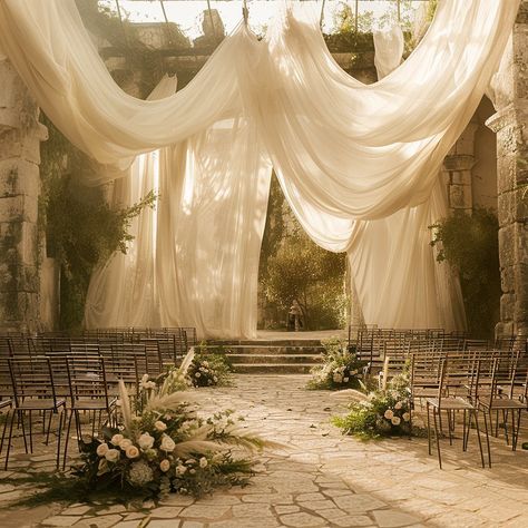 We are always on the lookout for new trends to provide fresh inspiration to our couples. We value customers who have an eye for innovative design and seek something special. Our passion lies in getting creative right here and developing unique concepts. Thanks to artificial intelligence, we can now create even larger and more impressive designs, like this one: a romantic wedding ceremony in a picturesque location. Which setup is your favorite? Feel free to share it with us in the comments! W... Flower Stage Decoration, Private Wedding Ceremony, Mystical Wedding, Unique Wedding Locations, Timeless Wedding Decor, Huge Wedding, Wedding Drapery, Wedding Layout, Draping Wedding