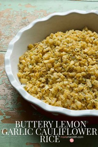 Buttery Lemon Garlic Cauliflower Rice | MarlaMeridith.com | Bloglovin’ Garlic Cauliflower Rice, Lemon Cauliflower, Greek Nachos, Cauliflower Rice Recipe, Garlic Cauliflower, Creamy Spaghetti, Calorie Dense Foods, Riced Cauliflower, Garlic Rice