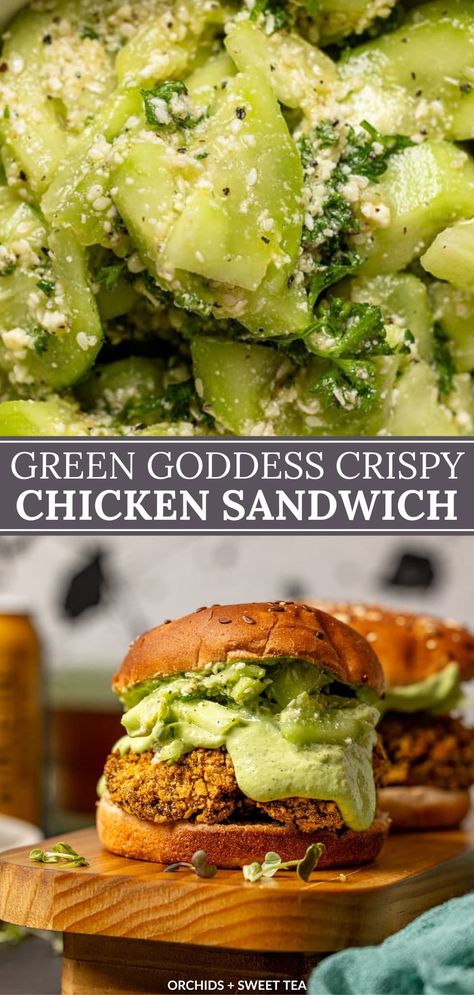 You're in for a real treat with our Green Goddess Crispy Chicken Sandwich! Think juicy chicken, crispy coating, and tangy green goddess dressing, all hugged by fluffy buns. And don't forget the refreshing crunch of smashed cucumber salad inside—it's a game-changer! Completely Dairy-free + Gluten-free option. | best crispy chicken sandwich recipes | green goddess chicken sandwich | crispy chicken sandwich with sauce | how to make green goddess dressing | best chicken sandwich recipes Crispy Chicken Sandwich Recipes, Green Goddess Chicken, Best Chicken Sandwich, Best Crispy Chicken, Sandwich Cafe, Smashed Cucumber, Crispy Chicken Sandwich, Smashed Cucumber Salad, Southern Foods