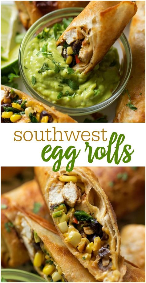 These delicious Southwest Egg Rolls are fried to perfection and are filled with chicken, corn, peppers, beans, spices and more! Serve them with salsa, sour cream or guac and they are sure to be a favorite party appetizer. #southwesteggrolls #eggrolls #southwest #friedeggrolls #eggrollrecipe Southwest Eggrolls, Southwest Egg Rolls, Favorite Party Appetizers, Chicken Egg Rolls, Chicken Spring Rolls, Chicken Corn, Egg Roll Recipes, Party Appetizer, Egg Roll