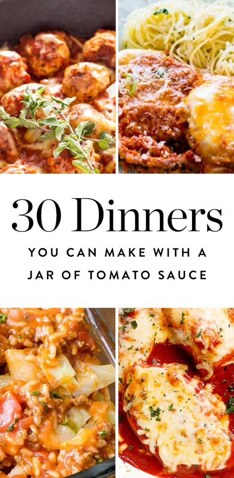 Check out these quick-and-easy dinner recipes that you can make with a jar of tomato sauce. You’ve got this. Healthy Meals With Marinara Sauce, Things To Do With Marinara Sauce, Marinara Dinner Ideas, Meals To Make With Spaghetti Sauce, Ways To Use Marinara Sauce, Dinner Ideas With Spaghetti Sauce, Meals With Pasta Sauce, Recipes That Use Pasta Sauce, Dinner With Pasta Sauce